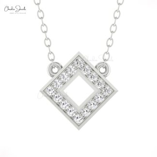 Open Square Chain Necklace With 0.16 Ct White Diamond 14k Solid Gold Handmade Necklace