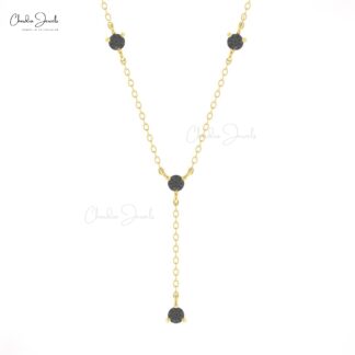 Lariat Yard Thin Chain Necklace In Pure 14k Gold Black Diamond 3mm Round Cut Jewelry