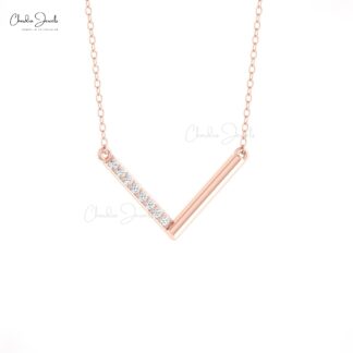 V Shape Bar Dainty Necklace With 0.12 Ct White Diamond Chain Necklace In 14k Solid Gold