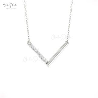 V Shape Bar Dainty Necklace With 0.12 Ct White Diamond Chain Necklace In 14k Solid Gold