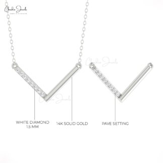 V Shape Bar Dainty Necklace With 0.12 Ct White Diamond Chain Necklace In 14k Solid Gold