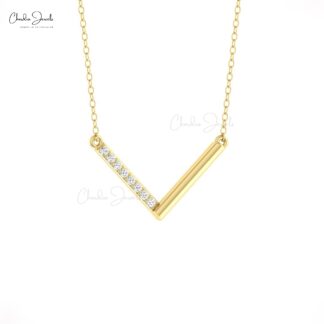 V Shape Bar Dainty Necklace With 0.12 Ct White Diamond Chain Necklace In 14k Solid Gold
