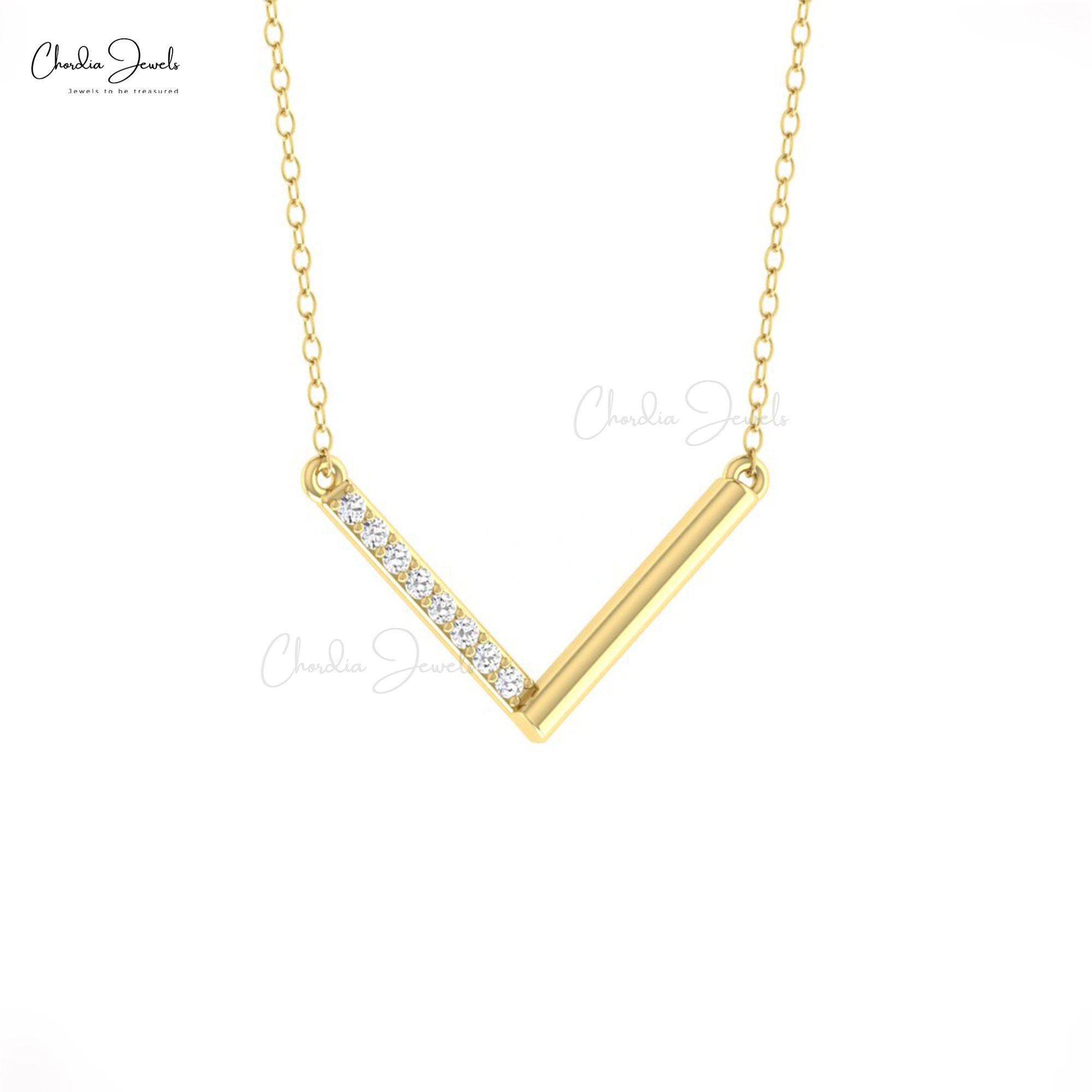 V Shape Bar Dainty Necklace With 0.12 Ct White Diamond Chain Necklace In 14k Solid Gold