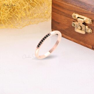 Dainty Channel Band In Solid 14k Gold Black Diamond 0.06 Ct Round Stackable Bridal Ring