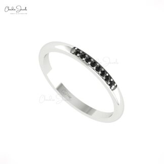 Dainty Channel Band In Solid 14k Gold Black Diamond 0.06 Ct Round Stackable Bridal Ring