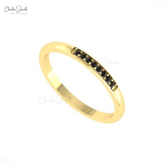 Dainty Channel Band In Solid 14k Gold Black Diamond 0.06 Ct Round Stackable Bridal Ring