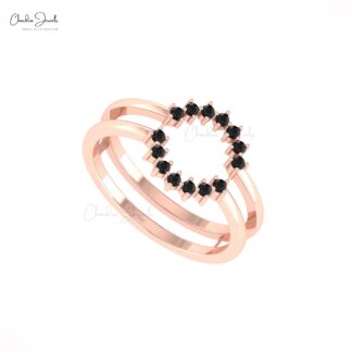 Open Circle Guard Ring In Real 14k Gold Black Diamond 0.21 Ct Round Cut Women Rings