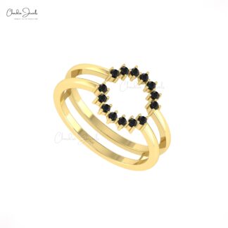 Open Circle Guard Ring In Real 14k Gold Black Diamond 0.21 Ct Round Cut Women Rings