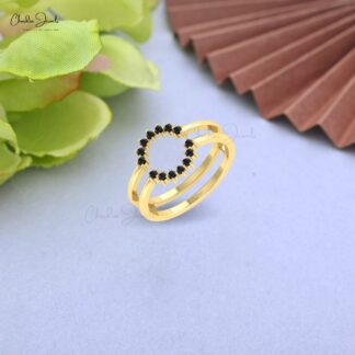 Open Circle Guard Ring In Real 14k Gold Black Diamond 0.21 Ct Round Cut Women Rings