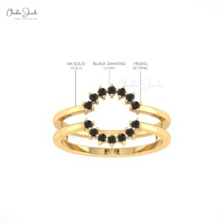 Open Circle Guard Ring In Real 14k Gold Black Diamond 0.21 Ct Round Cut Women Rings