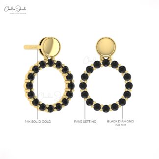 AAA Black Diamond Circle Earrings In 14k Pure Gold Pave Set Drop Fine Jewelry For Her