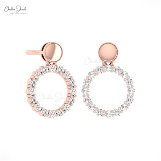 Round Circle Drop Earring With 1.5mm White Diamond Pave Set In 14k Real Gold Earrings