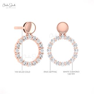 Round Circle Drop Earring With 1.5mm White Diamond Pave Set In 14k Real Gold Earrings