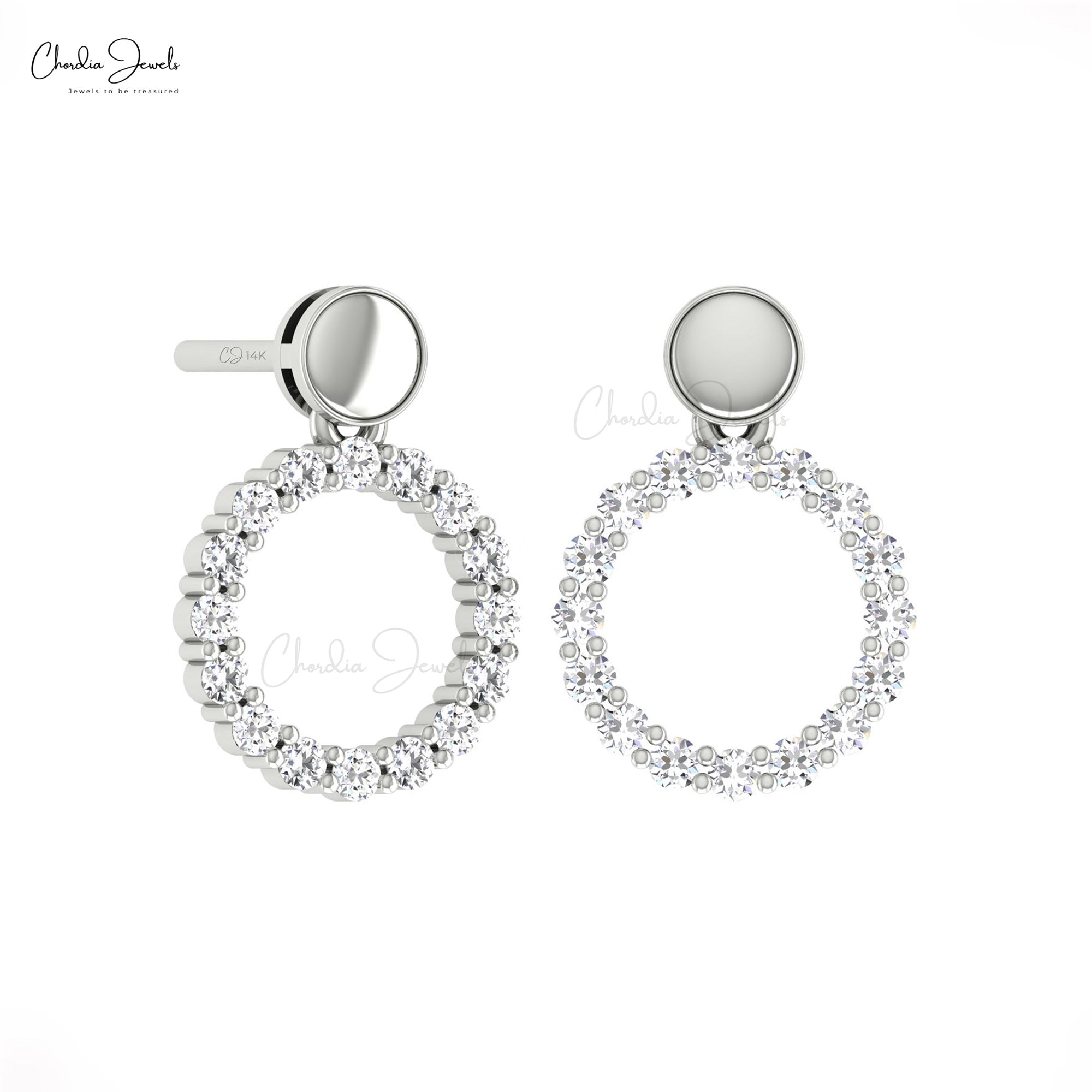 Round Circle Drop Earring With 1.5mm White Diamond Pave Set In 14k Real Gold Earrings