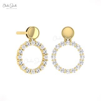 Round Circle Drop Earring With 1.5mm White Diamond Pave Set In 14k Real Gold Earrings