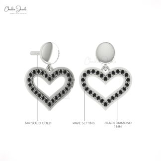 Eternity Love Earring In Solid 14k Gold Black Diamond Dangle Heart Minimalist Earrings