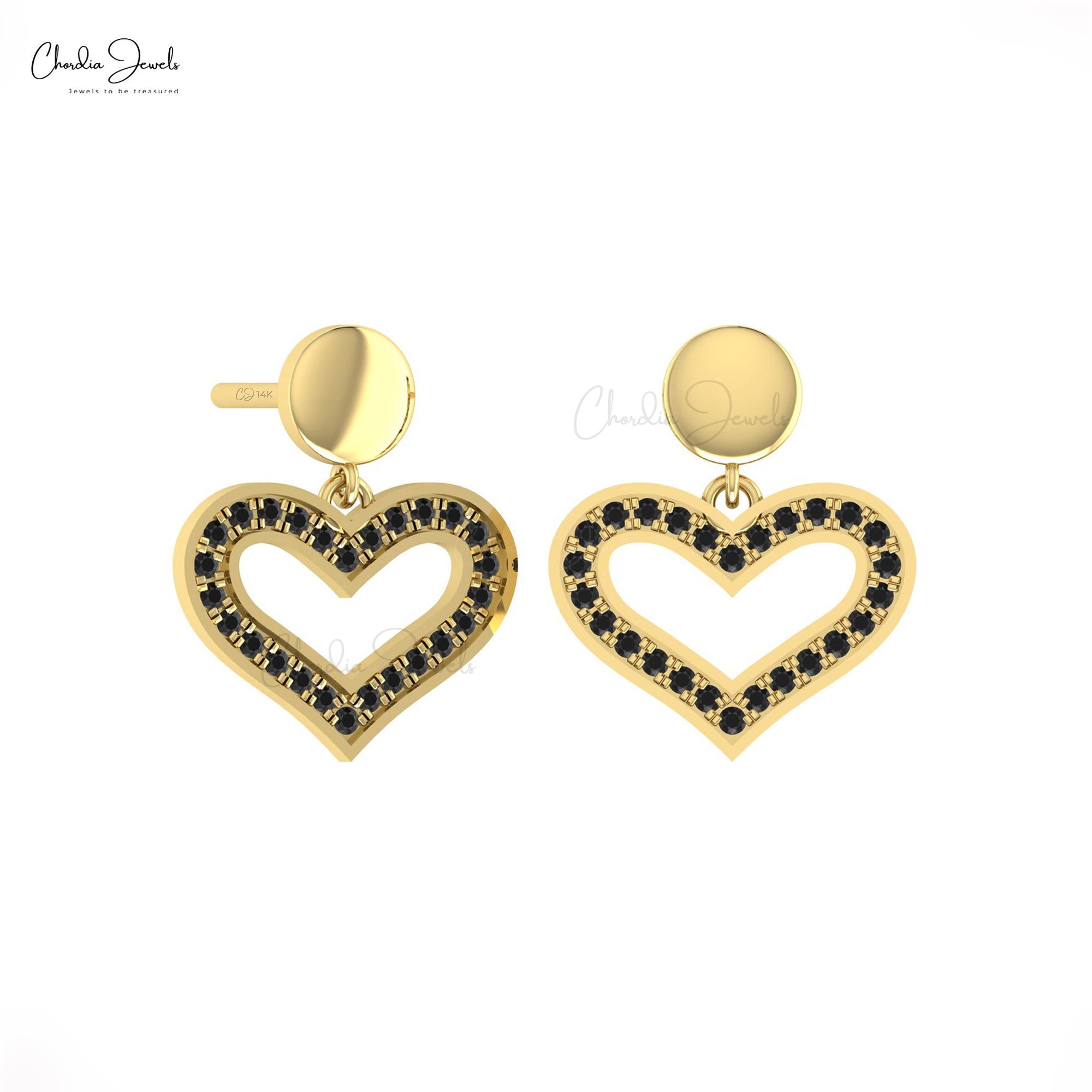 Eternity Love Earring In Solid 14k Gold Black Diamond Dangle Heart Minimalist Earrings