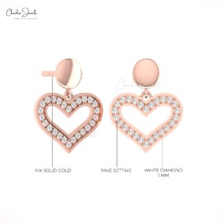 Dangling Heart Earrings With 0.26 Ct G-H Diamond Push Back Open Earring In Real 14k Gold