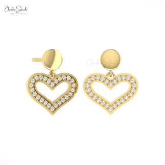 Dangling Heart Earrings With 0.26 Ct G-H Diamond Push Back Open Earring In Real 14k Gold