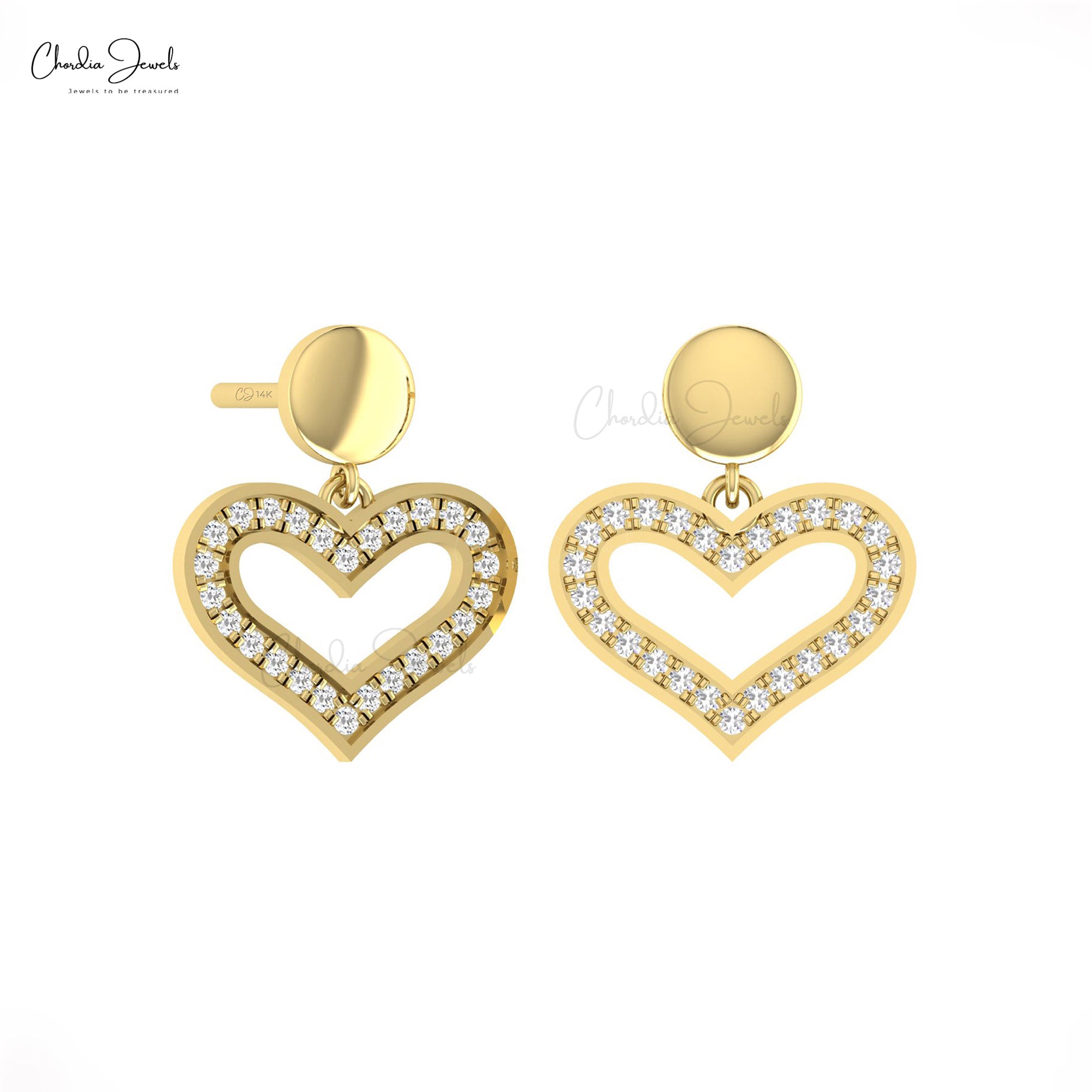 Dangling Heart Earrings With 0.26 Ct G-H Diamond Push Back Open Earring In Real 14k Gold