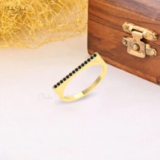 Dainty Straight Bar Men’s Ring In 14k Real Gold Black Diamond Barbelle Hallmark Bands