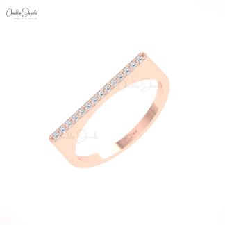 Solid 14k Gold Barbelle Unique Band With 0.11 Ct White Diamond Straight Bar Dainty Ring