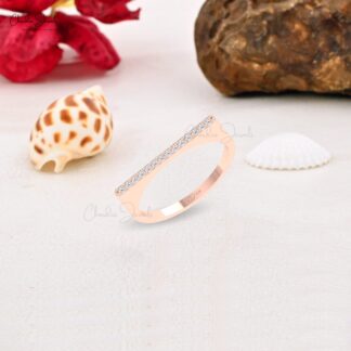 Solid 14k Gold Barbelle Unique Band With 0.11 Ct White Diamond Straight Bar Dainty Ring