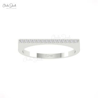 Solid 14k Gold Barbelle Unique Band With 0.11 Ct White Diamond Straight Bar Dainty Ring