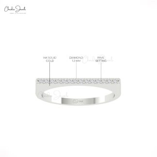 Solid 14k Gold Barbelle Unique Band With 0.11 Ct White Diamond Straight Bar Dainty Ring