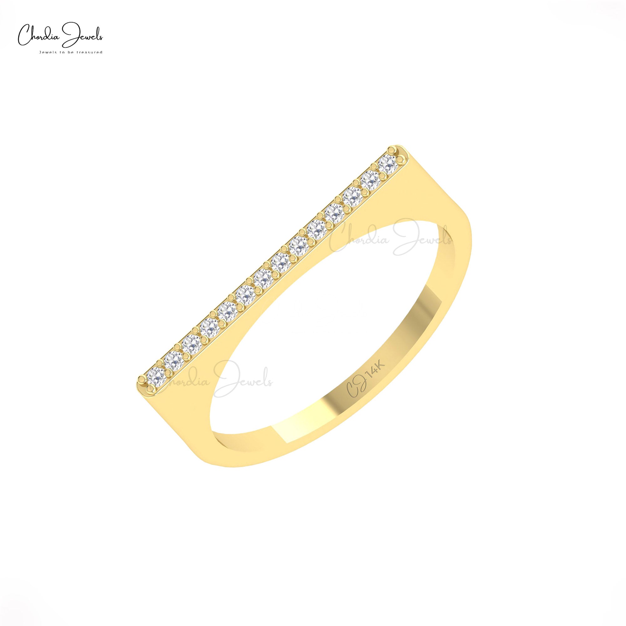 Solid 14k Gold Barbelle Unique Band With 0.11 Ct White Diamond Straight Bar Dainty Ring