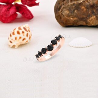 Stackable Chevron Ring In Real 14k Gold Black Diamond 1.14 Ct Round Cut Wedding Rings