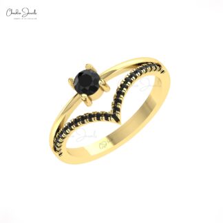 Chevron Wedding Ring With 4mm Black Diamond Split Shank Bridal Ring In 14k Pure Gold