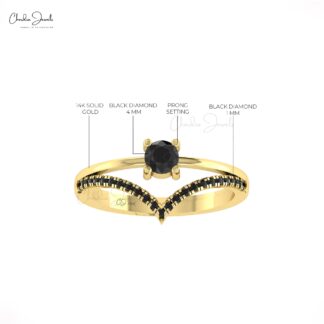 Chevron Wedding Ring With 4mm Black Diamond Split Shank Bridal Ring In 14k Pure Gold