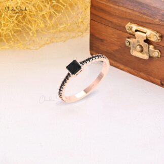 Square Engagement Ring In Solid 14k Gold Black Diamond Dainty Promise Rings For Her