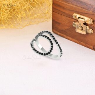 Statement Curved Ring In Pure 14k Gold Black Diamond 1.5mm Round Open Loop Rings