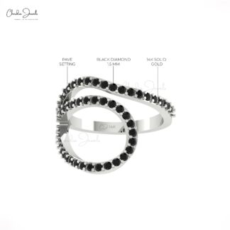 Statement Curved Ring In Pure 14k Gold Black Diamond 1.5mm Round Open Loop Rings