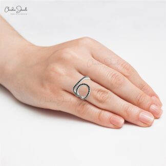 Statement Curved Ring In Pure 14k Gold Black Diamond 1.5mm Round Open Loop Rings