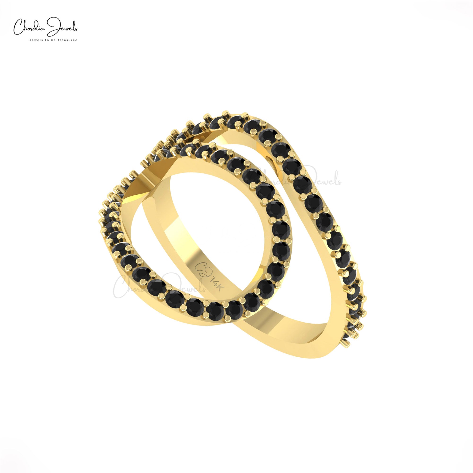 Statement Curved Ring In Pure 14k Gold Black Diamond 1.5mm Round Open Loop Rings