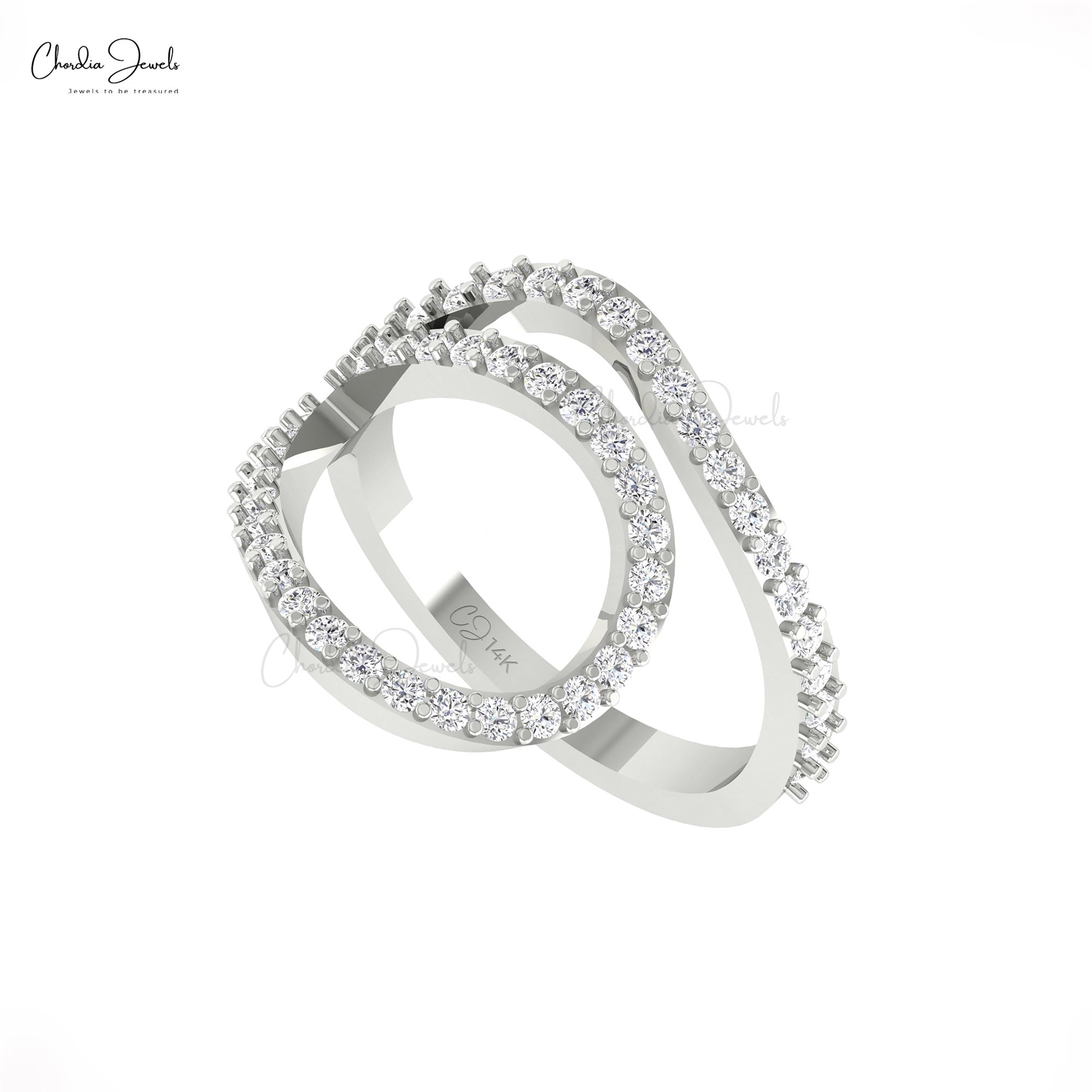 Real 14k Gold Open Loop Ring With 0.73 Ct White Diamond Pave Set Curved Dainty Rings