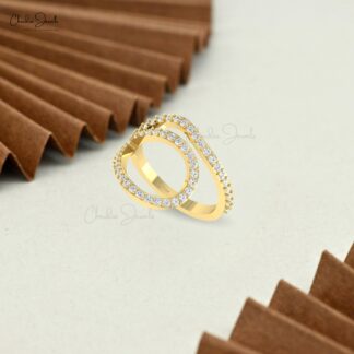 Real 14k Gold Open Loop Ring With 0.73 Ct White Diamond Pave Set Curved Dainty Rings