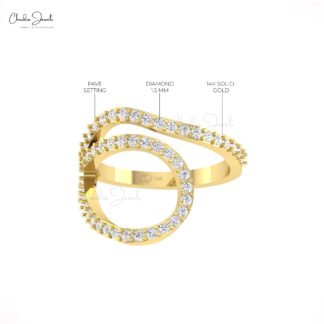 Real 14k Gold Open Loop Ring With 0.73 Ct White Diamond Pave Set Curved Dainty Rings