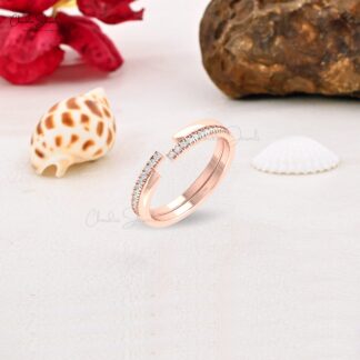 Zigzag Diamond Stack Band With 1.2mm G-H Diamond April Birthstone Ring In 14k Real Gold