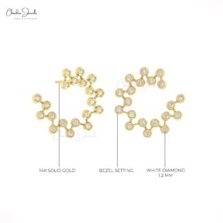 Constellation Unique Studs With 0.32 Ct White Diamond Bezel Set In 14k Pure Gold Earrings