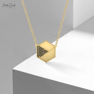 Pure 14k Gold Hexagon Chain Necklace With 0.2 Ct Black Diamond Minimal Women Necklaces