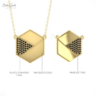 Pure 14k Gold Hexagon Chain Necklace With 0.2 Ct Black Diamond Minimal Women Necklaces