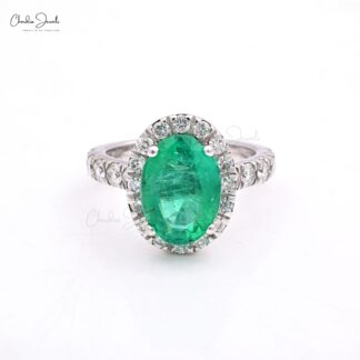 Halo Engagement Ring With 11x8mm Emerald And Diamond Pave In 14k White Gold Certified Rings