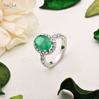 Halo Engagement Ring With 11x8mm Emerald And Diamond Pave In 14k White Gold Certified Rings