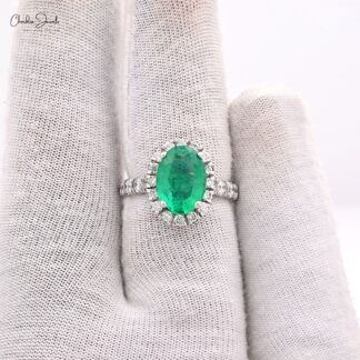 Halo Engagement Ring With 11x8mm Emerald And Diamond Pave In 14k White Gold Certified Rings
