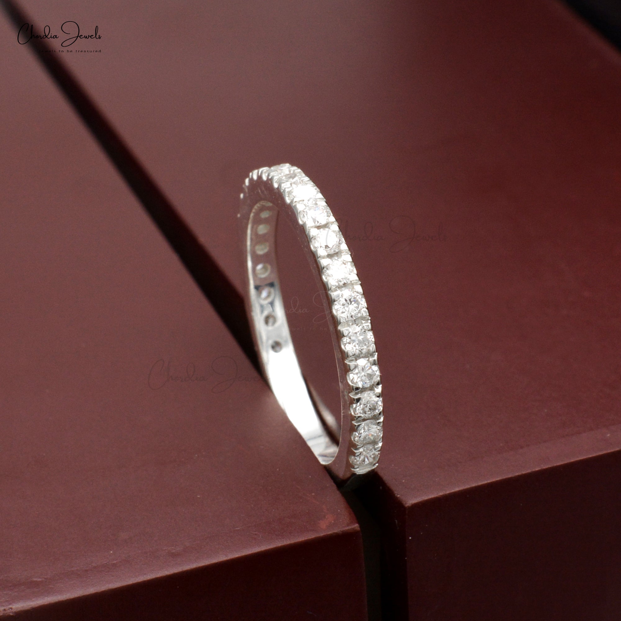Round G-H Diamond Stackable Ring With 14k White Gold Pave Set Half Eternity Band Rings
