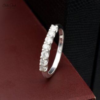 Dainty Diamond 7 Stone Half Way Band In Real 14k White Gold Stacking Promise Rings For Her